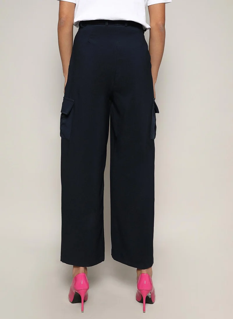 Pinacolada  Women's Navy Blue Baggy Cargo Pants For Casual Wear | Mid-Rise | 4 Pockets | Button Closure | Cargo Pants Crafted With Comfort Fit For Everyday Wear for Women | Best Price UAE